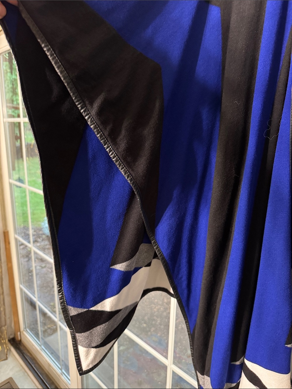 Chico's Bold Blue and Black Draped Poncho with White and Gray Accents - Picture 2 of 5